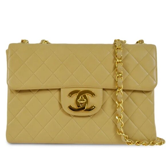 Authentic CHANEL 24K Classic Jumbo Flap Bag Maxi XL Gold Lambskin Chain Shoulder - Picture 1 of 12